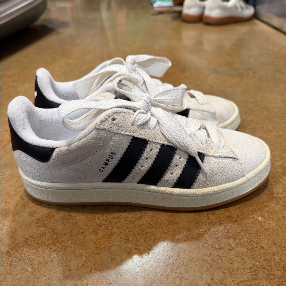 adidas White Canvas Low-Top Sneakers with Black Logo - Picture 3 of 6